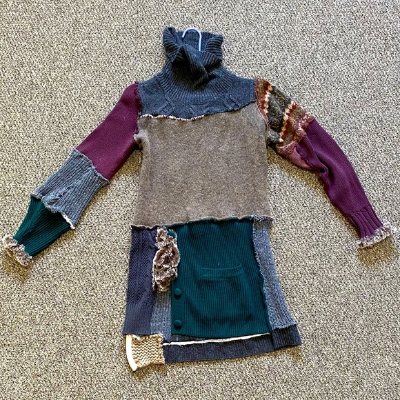 Hand Crafted Sweaters - HANDMADE Recycled Repurposed Upcycled Long Sweater Boho Cozy Autumn Layers S/M